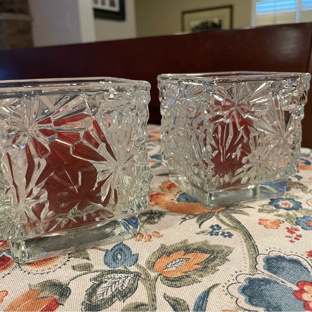 Vintage Avon Glass Square Candle Holder Diamond Snowflake Cut Pattern set 2